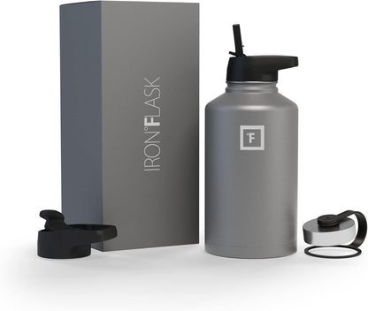 IRON °FLASK Camping & Hiking Hydration Flask with Straw, Wide Mouth Insulated Stainless Steel Sports Water Bottle - 40 oz Midnight Black