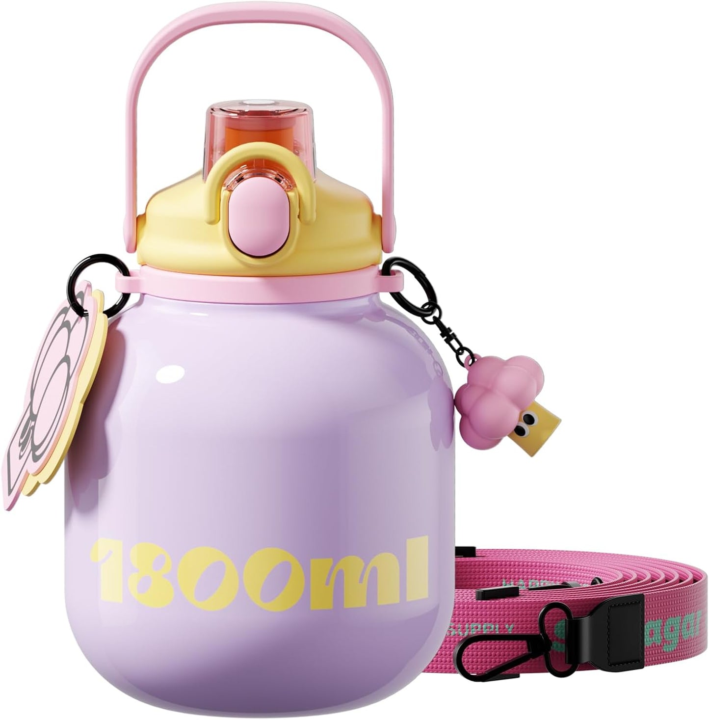 60 oz Big Gallon Water Bottle with Straw and Carry Handle, Black Wide Mouth Vacuum Water Jug, Insulated Stainless Steel Bottles; Heavy-Duty Aesthetic Yoga Flask for Women, Sweet & Cool Black