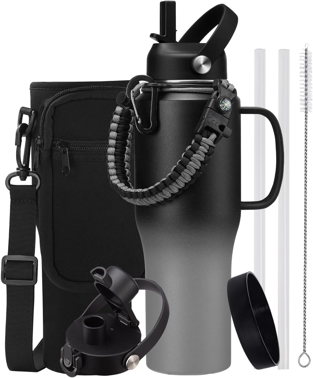 Insulated Water Bottle 40 oz - Fits in any Car Cup Holder, Keep Cold 48H Hot 24H, Stainless Steel Waterbottle Double Wall Flask with Straw, Pop-up Spout Lid, Paracord Handle, Carrier Bag