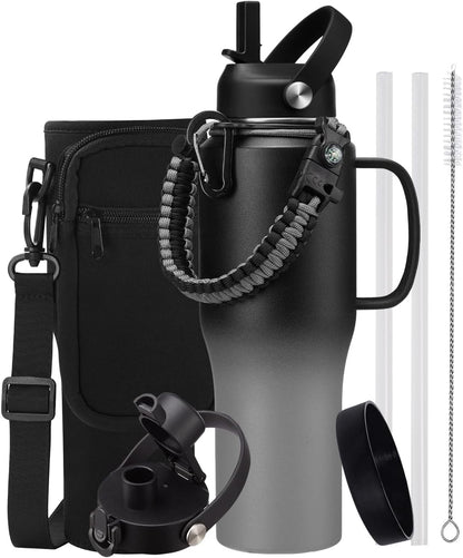 Insulated Water Bottle 40 oz - Fits in any Car Cup Holder, Keep Cold 48H Hot 24H, Stainless Steel Waterbottle Double Wall Flask with Straw, Pop-up Spout Lid, Paracord Handle, Carrier Bag