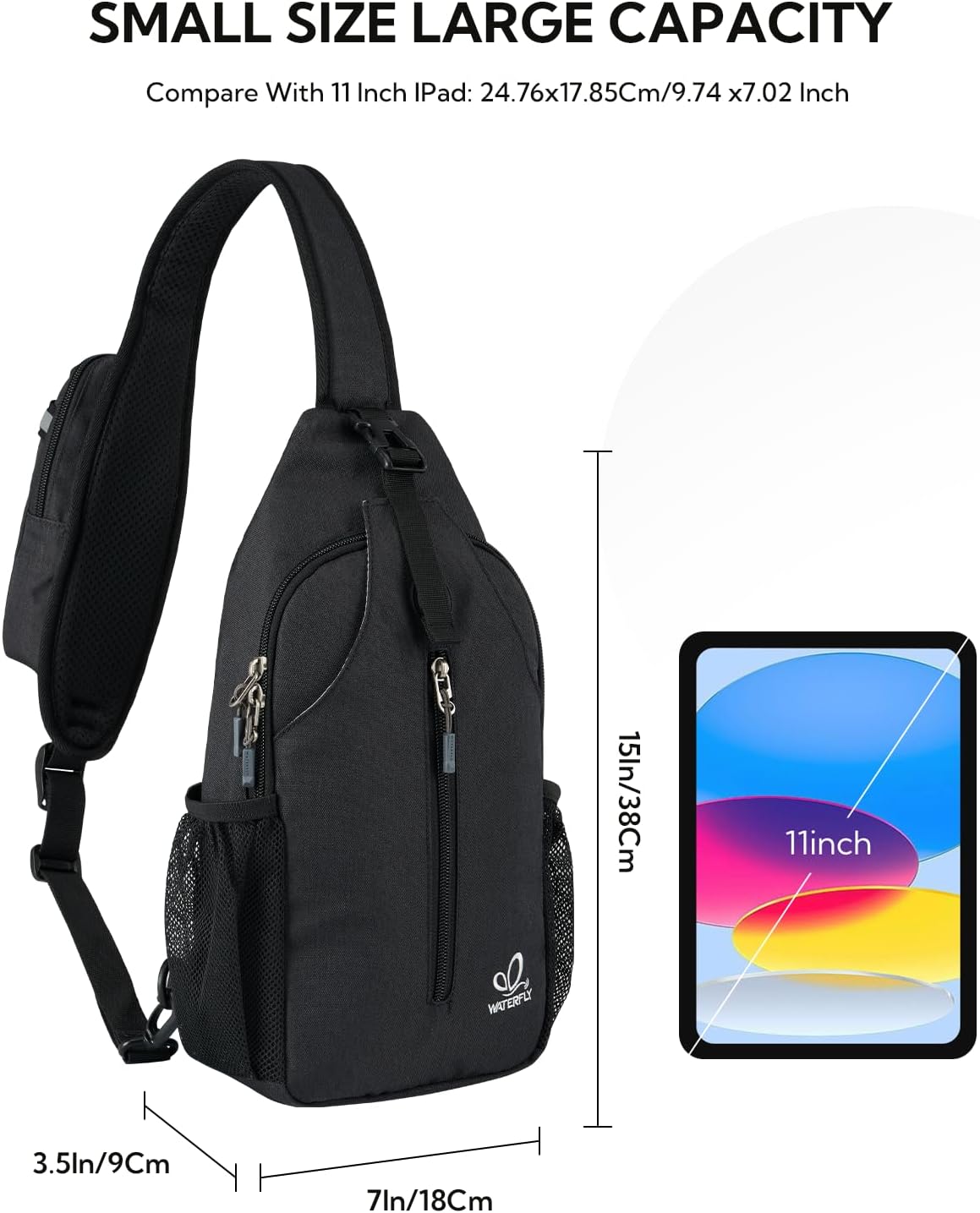 WATERFLY Crossbody Sling Backpack Sling Bag Travel Hiking Chest Bag Daypack (Black)