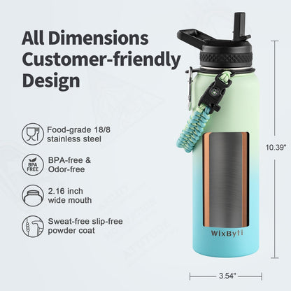 WixByti 40 oz Insulated Water Bottle with Straw (Cold for 36 Hrs), Stainless Steel Triple Wall Vacuum Sports Water Jug, Leakproof Hydro Cup Flask with Paracord Handle & Straw Spout Lids & DIY Stickers