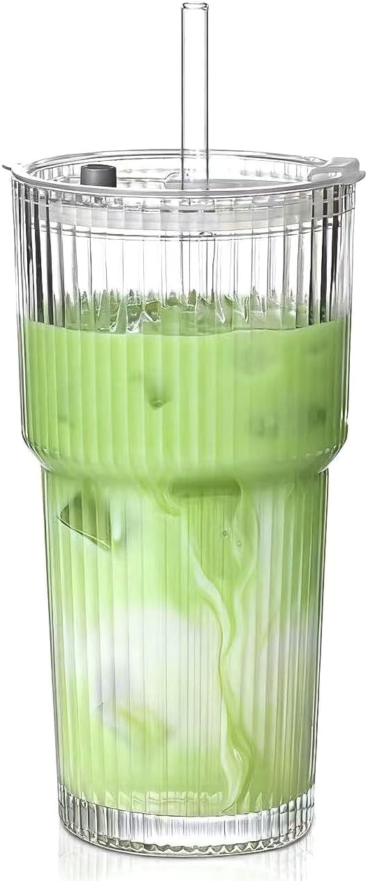 20 OZ Iced Coffee Cup With Glass Lids and Straws,High Borosilicate Glass Tumbler Cup Reusable Wide Mouth Smoothie Cups(Clear,1cup)…
