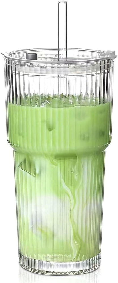 20 OZ Iced Coffee Cup With Glass Lids and Straws,High Borosilicate Glass Tumbler Cup Reusable Wide Mouth Smoothie Cups(Clear,1cup)…