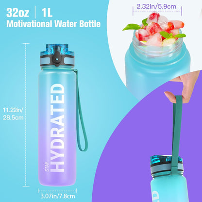 Sahara Sailor Water Bottle 32oz, Durable and Leakproof Water Bottles Motivational with Time Marker, Tritan, BPA Free, Wide Mouth with Easy Clean Brush for Gym, Travel, Home, School, Office (1 Bottle)