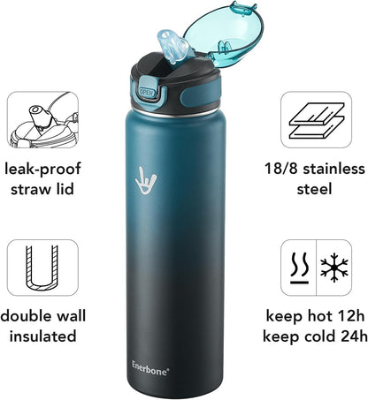 Enerbone 24 oz Insulated Water Bottle, Stainless Steel Bottle with Carrying Strap, Double-Wall Vacuum Insulation Design, Leakproof Sports Bottle with Straw, Keep Drinks Cold or Hot for Hours