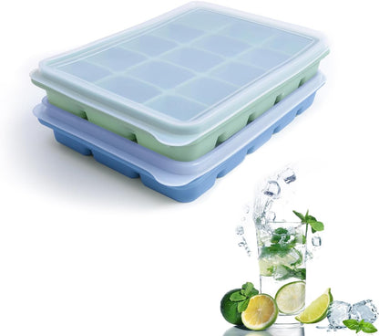 Ice Cube Trays Set of 2, Easy Release 15 Flexible Silicone Ice Cube Molds with Removable Lid Reusable Freezer Ice Trays Stackable for Whiskey, Baby Food, BPA Free (BAMBOO GREEN)