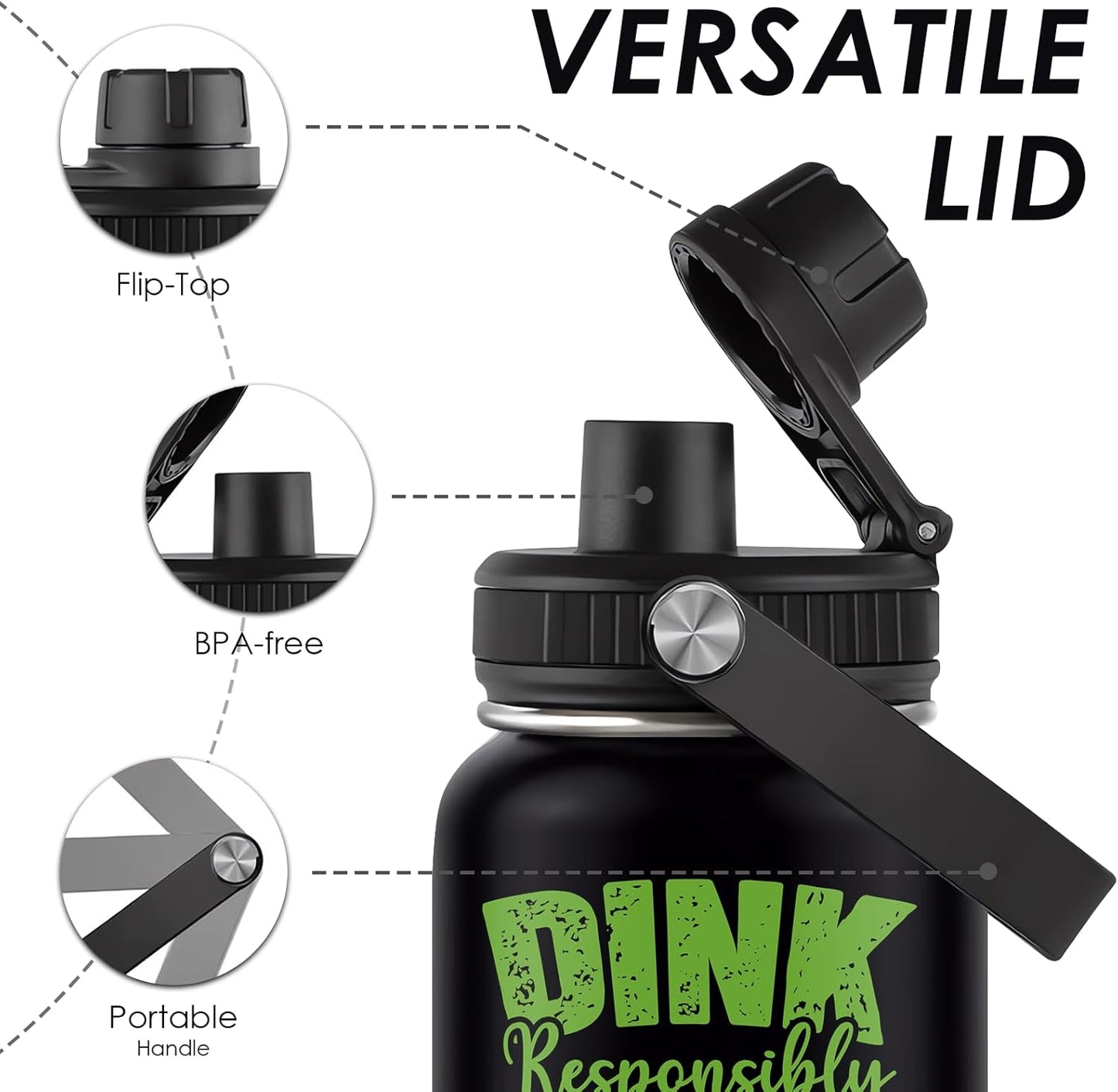 Pickleball Water Bottle 32oz | Insulated Stainless Steel Travel Tumbler with Lid Leak-Proof Keep Hot or Cold, BPA-Free |Dink Responsibly Gifts for Pickleball Lovers