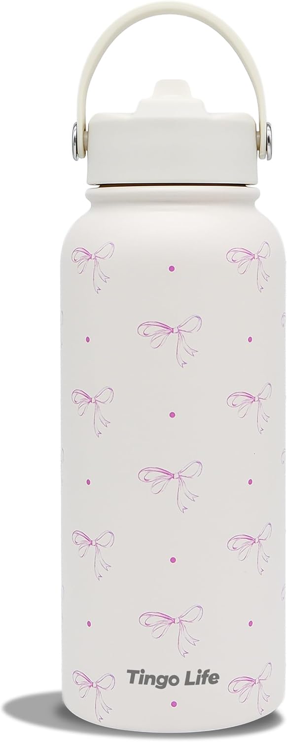 25oz Insulated Stainless Steel Aesthetic Cute Water Bottle - 2 Lids Included (Straw + Sport Handle), Leakproof BPA-Free, Dreamy Cream Cute Floral Design, Perfect Gym/Yoga/Office Companion
