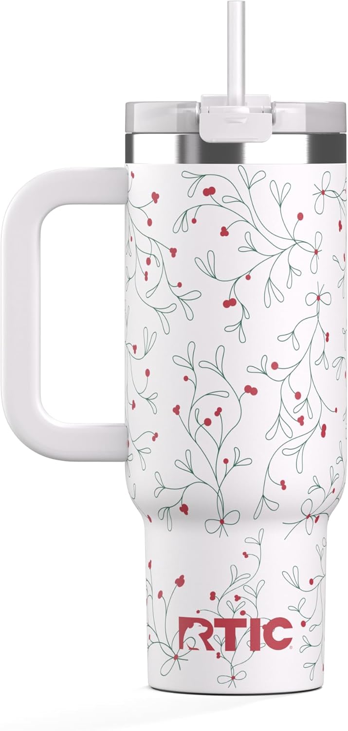 RTIC 30 oz Road Trip Tumbler Double-Walled Ceramic Lined InsulatedStainless Steel Portable Travel Coffee Mug Cup with Lid, Handle and Straw, Periwinkle Bouquet