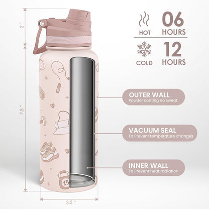 SANDJEST Pickleball Stainless Steel Water Bottle with Strap 32oz, Insulated Bottles with Straw and Spout Lid for Gym Sports Travel Outdoor, Gifts for Women Girls Birthday Christmas