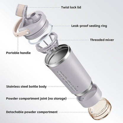 PROCHAIN Insulated Stainless Steel Shaker Bottle, Metal Shaker Cup for Protein Shakes with Storage, Leak-Proof Twist Lock Lid, Perfect for Gym Sports, 20 oz