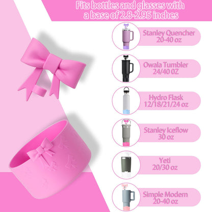 Bow Silicone Protective for Stanley Boot for 20/30/40Oz, 2 Pack for Stanley Cup Accessories Compatible 12-24Oz for Hydroflask Boot and More (Pink Set)