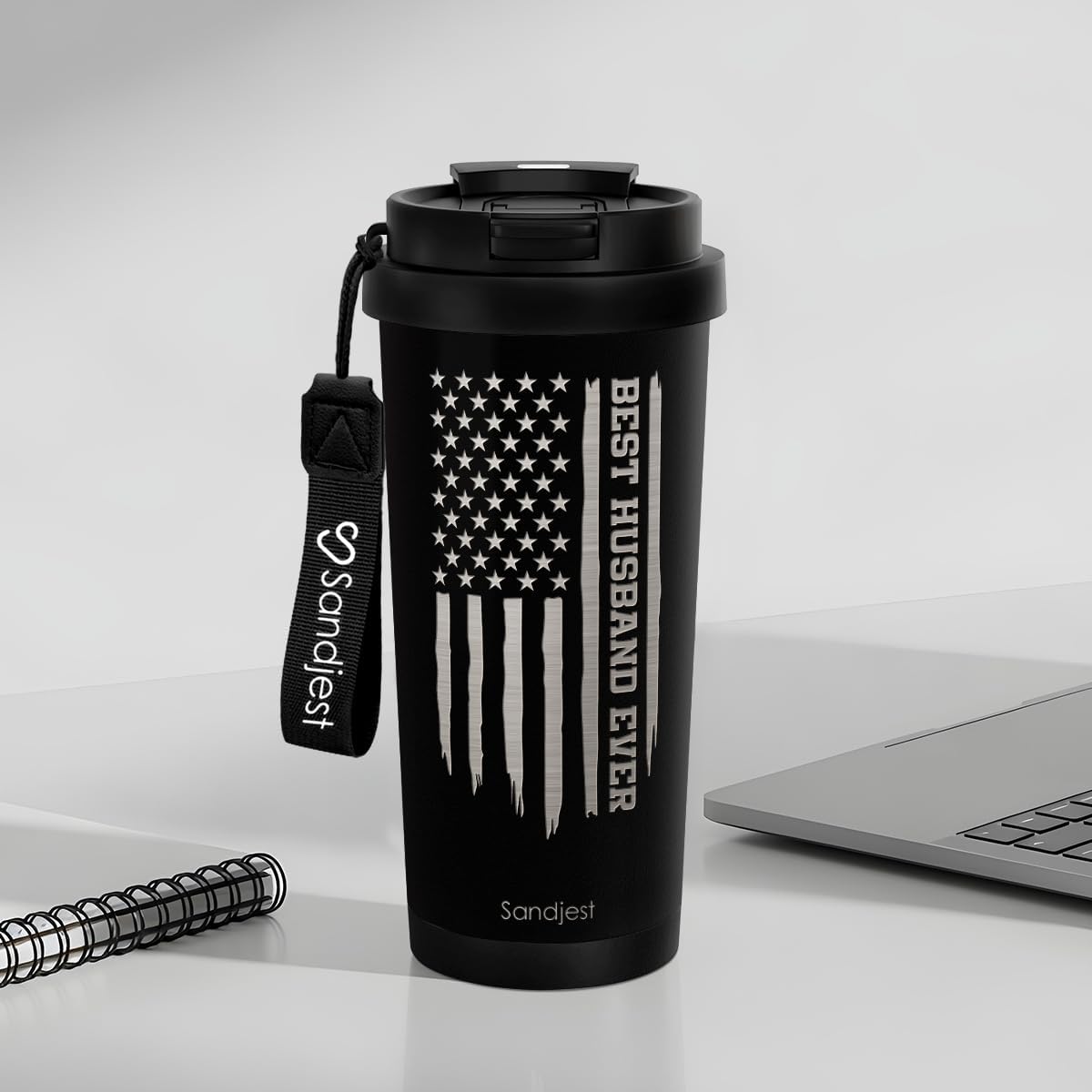 SANDJEST American Flag Tumbler - Stainless Steel 2-in-1 Lid Coffee Tumbler 18 oz, Patriotic Insulated Travel Mug Gift for Men Husband Dad, Birthday Christmas