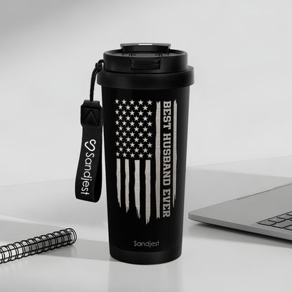 SANDJEST American Flag Tumbler - Stainless Steel 2-in-1 Lid Coffee Tumbler 18 oz, Patriotic Insulated Travel Mug Gift for Men Husband Dad, Birthday Christmas