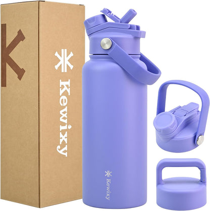 KEWIXY 32 oz Insulated Water Bottle, 2-in-1 Lid, Straw & Spout with Protected, Leak Proof, Keep Cold, Stainless Steel, Metal, Reusable, Handle, for Outdoor, Gym and School, 2 Lids, Blush Pink