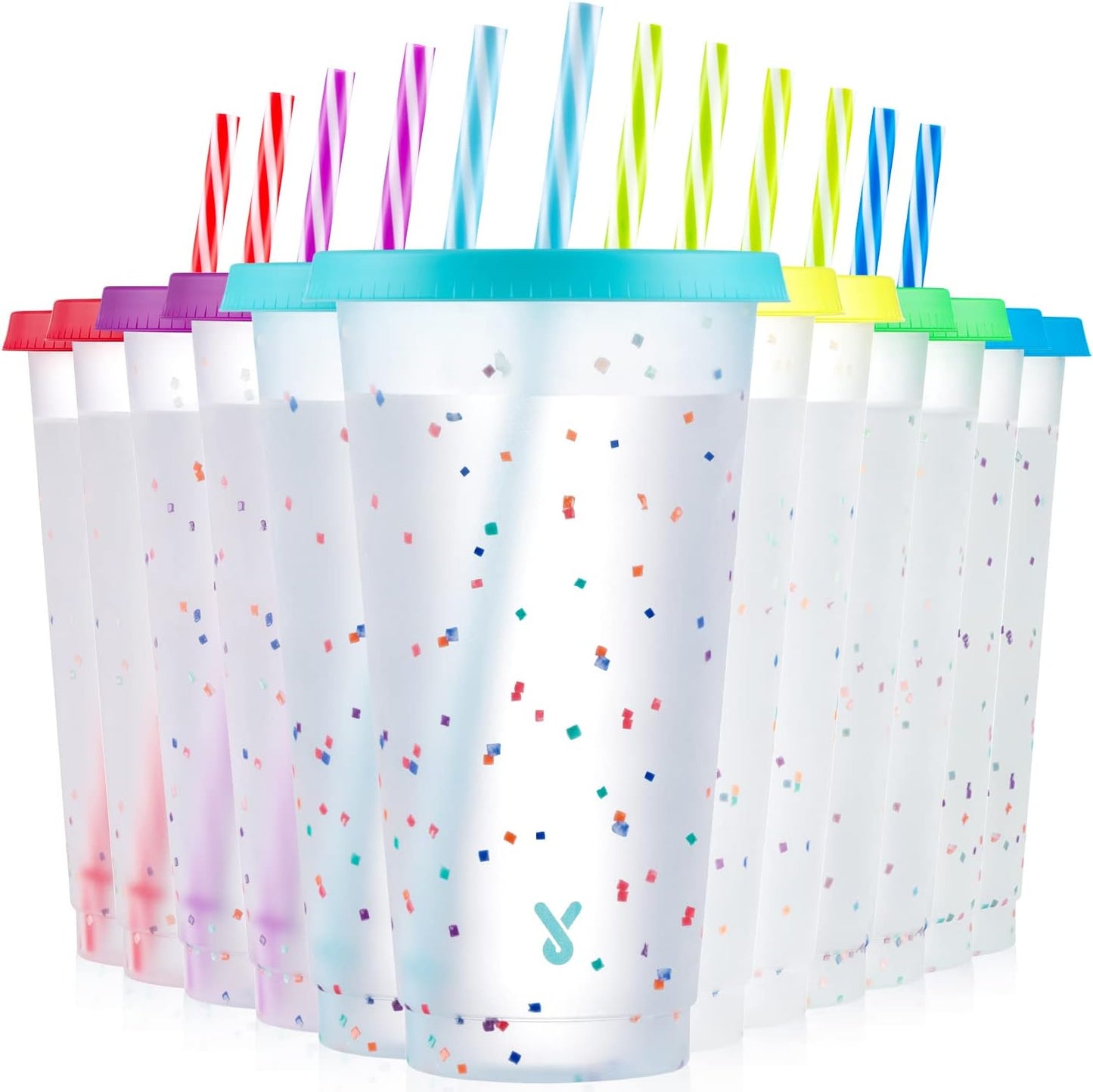Meoky Confetti Color Changing Cups with Lids and Straws for Iced Coffee, Party, Pool - 6 Pack 24oz Reusable Plastic Tumblers for Kids and Adults