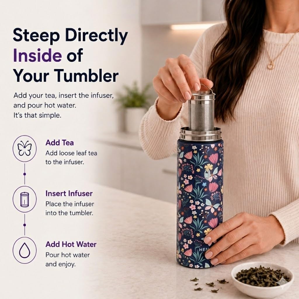 22 oz Ceramic Lined Tea Infuser Travel Tumbler, Micro-Mesh Stainless Steel Infuser, Pure Taste Ceramic Interior, Triple Insulated 12hr Hot Cold, Dual Sip & Straw Lid, Scratch-Resistant
