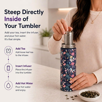 22 oz Ceramic Lined Tea Infuser Travel Tumbler, Micro-Mesh Stainless Steel Infuser, Pure Taste Ceramic Interior, Triple Insulated 12hr Hot Cold, Dual Sip & Straw Lid, Scratch-Resistant