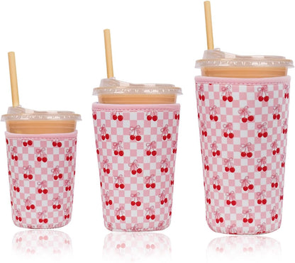 Reusable Insulated Neoprene Iced Coffee Cup Sleeve, Durable Drink Sleeve for Cold Beverages, Beverage Holder for Iced Coffee, Floral Checkers