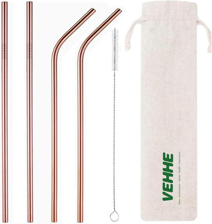 VEHHE Metal Straws Stainless Steel Straws Drinking Straws Reusable - 10.5" Ultra Long 4 + 1 - W/Cleaning Brush for 20/30 Oz for Yeti RTIC SIC Ozark Trail Tumblers (2 Straight|2 Bent|1 Brush)