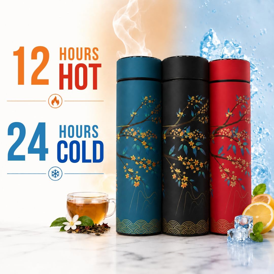 Farasi Tea Infuser for Loose Leaf Tea Smart Water Bottle with Temperature Display, Stainless Steel Insulated Coffee and Fruit Tea Infuser Bottle - Green Floral Travel Tea Mugs 15 oz