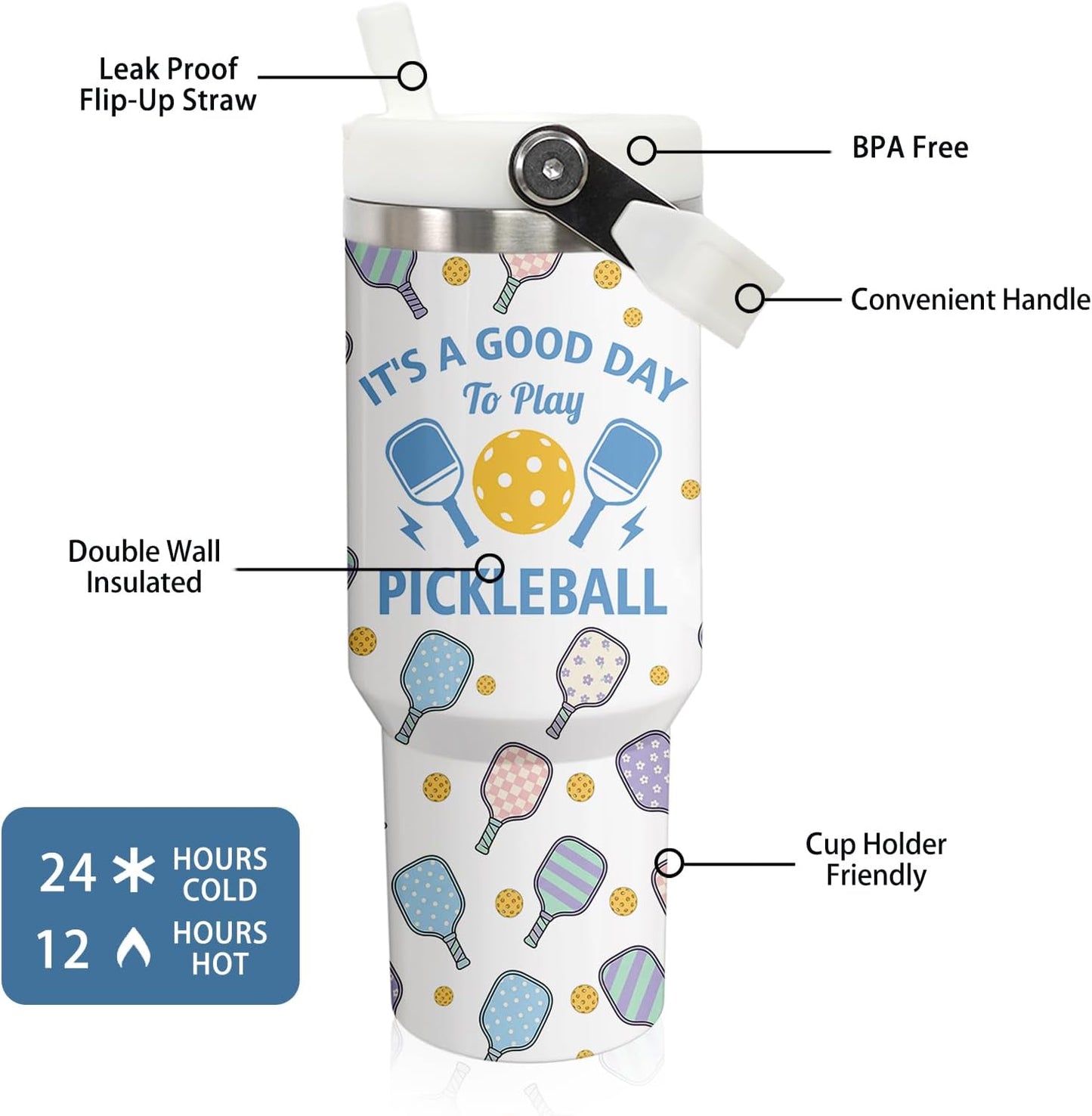 30 oz Tumbler with Handle Flip Straw Leak Proof - Pickleball Mug 30oz Tumbler Travel Coffee Mug with Handle - Birthday Gifts for Women Pickleball Lovers Players 30 Ounce Stainless Steel Cup