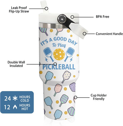 30 oz Tumbler with Handle Flip Straw Leak Proof - Pickleball Mug 30oz Tumbler Travel Coffee Mug with Handle - Birthday Gifts for Women Pickleball Lovers Players 30 Ounce Stainless Steel Cup