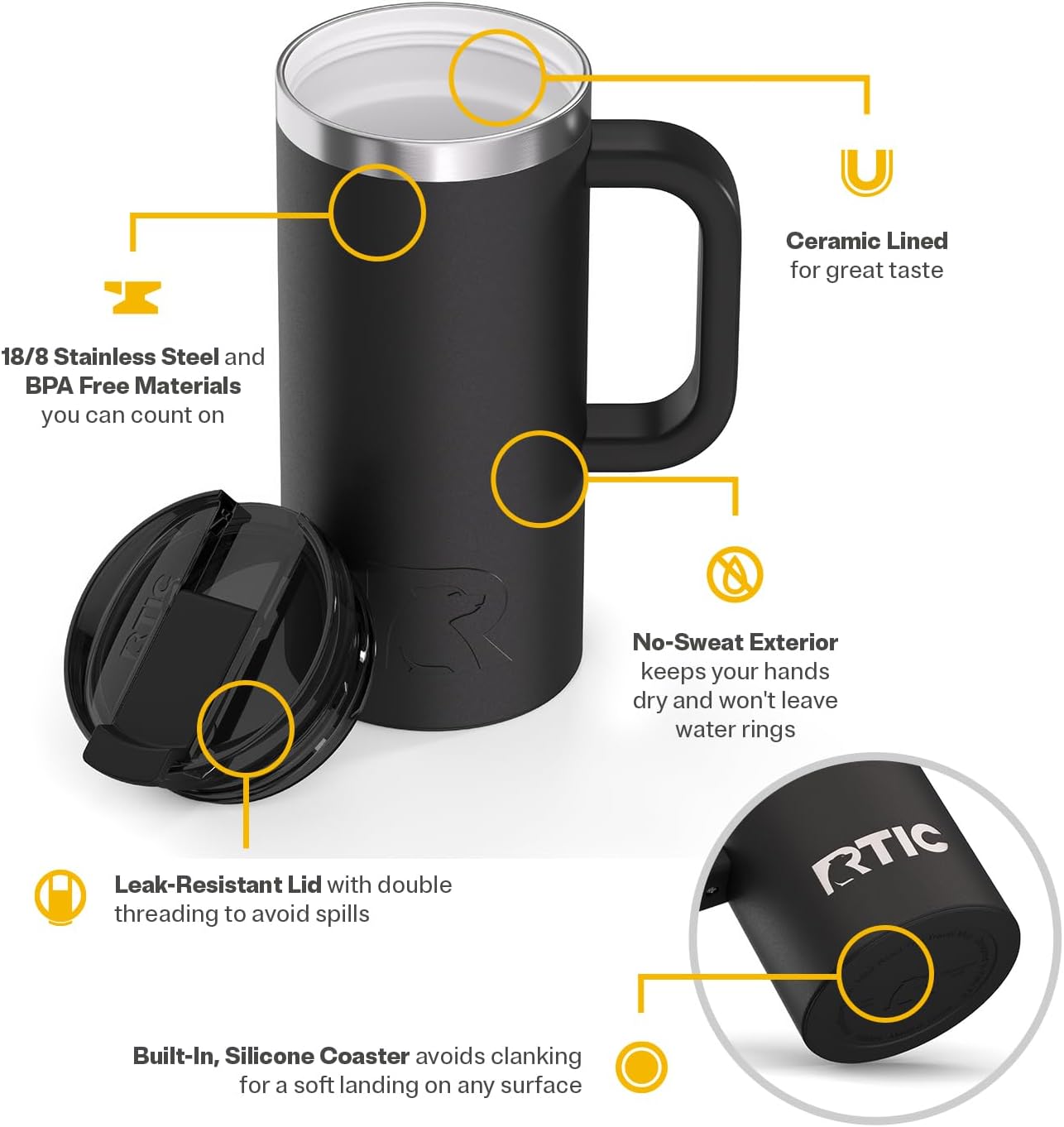 RTIC 20oz Road Trip Travel Mug with Lid and Handle, Ceramic Lined, Insulated, Stainless Steel, Metal, Double Wall Vacuum-Insulation, Portable Coffee, Tea Cup for Hot and Cold Drink, Black