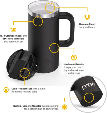 RTIC 20oz Road Trip Travel Mug with Lid and Handle, Ceramic Lined, Insulated, Stainless Steel, Metal, Double Wall Vacuum-Insulation, Portable Coffee, Tea Cup for Hot and Cold Drink, Black