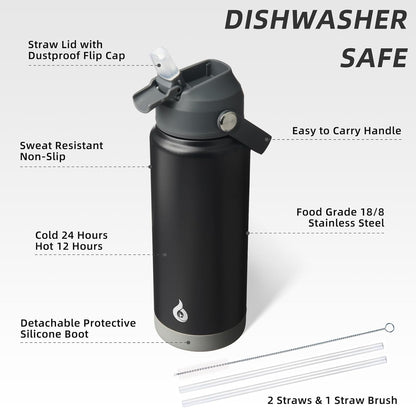 BJPKPK Insulated Water Bottle with Straw Lid, 18oz Thermo Water Bottles with Soft Nozzle, Flex Handle & Non-slip Boot, BPA Free Leak Proof Stainless Steel Metal Thermo, Tumblers, Cups,Sea Salt