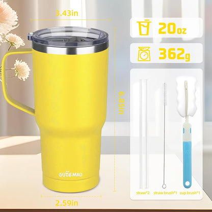 20 oz Insulated Coffee Mug with Ceramic Coating, Stainless Steel Travel Mug Tumbler with Handle Lid and Straw, Double Wall Leak-Proof Coffee Travel Mug Keeps Drink Hot and Cold (Black)