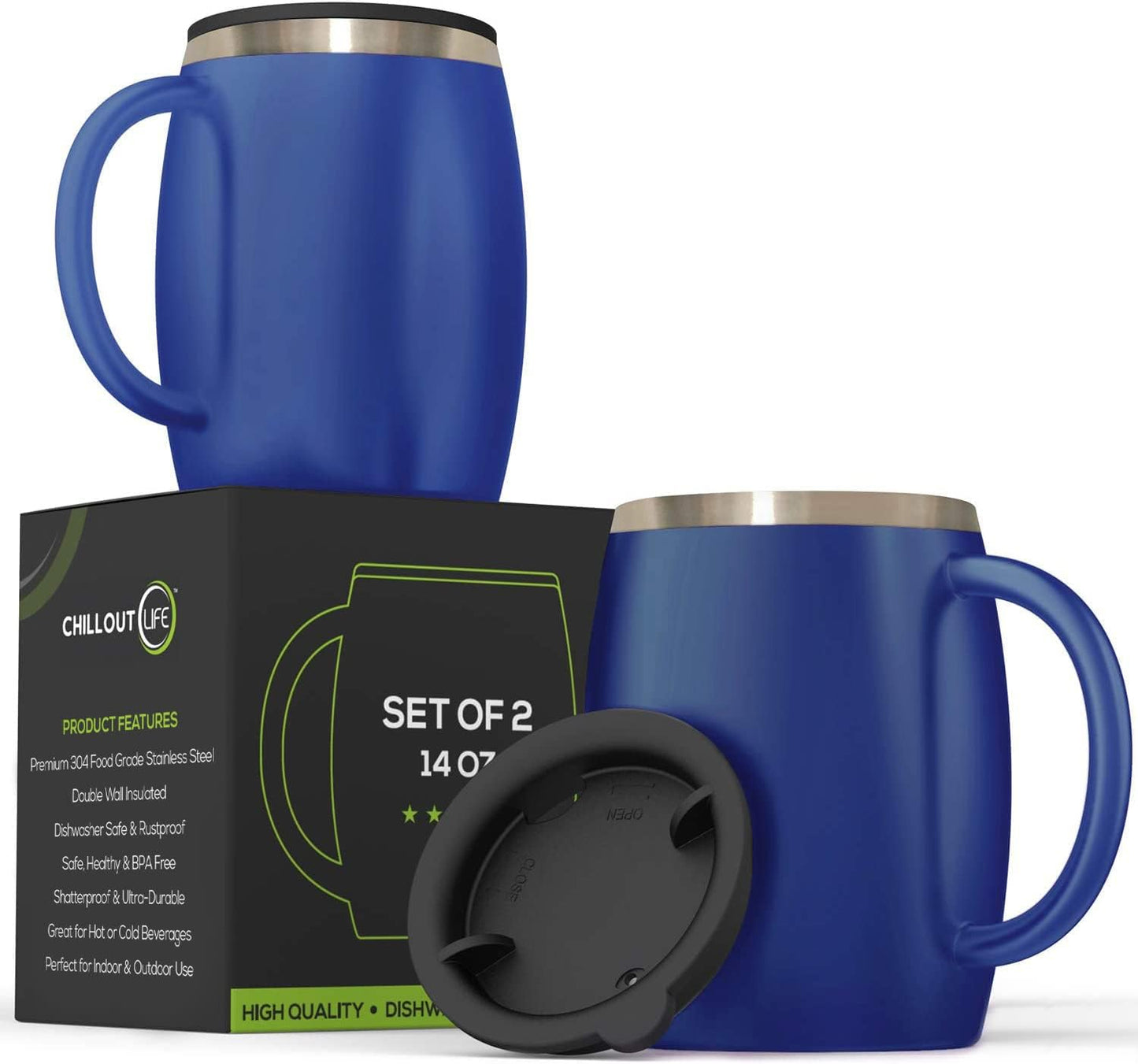 CHILLOUT LIFE Stainless Steel Insulated Coffee Mugs Set of 2 (14oz) – Double Wall Coffee Cups with Spill Resistant Lid & Strong Handle, Shatterproof Cups for Cold Drinks and Hot Beverages