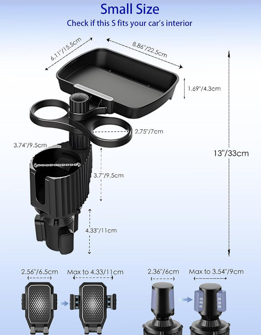 Car Cup Holder Tray - 4-in-1 Universal Car Cup Holder Expander with Snack Table and 3 Drink Mount for Automotive Road Trip, Driver and Front Passenger Organizer for Trucks, SUVs, Minivans