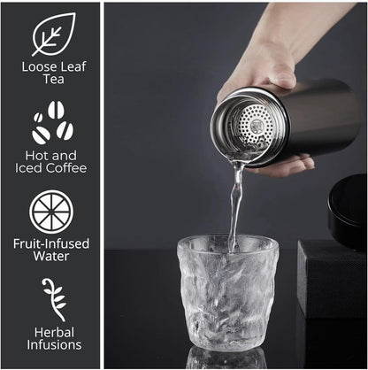 Insulated Water Bottles- Vacuum Tumbler for Coffee, Tea and Drinks with Stainless Steel Infuser - 15 oz Tea Thermo Travel Bottle/Keeps Drinks Hot or Cold for Hours/Gift Packing (Silver)