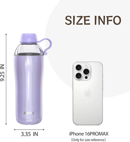 Allcho Insulated Water Bottle for Women, 18oz Stainless Steel Leak Proof Tumbler with 2 Lids, BPA-Free Tritan Chug & Straw Lid, Double Wall Vacuum Flask