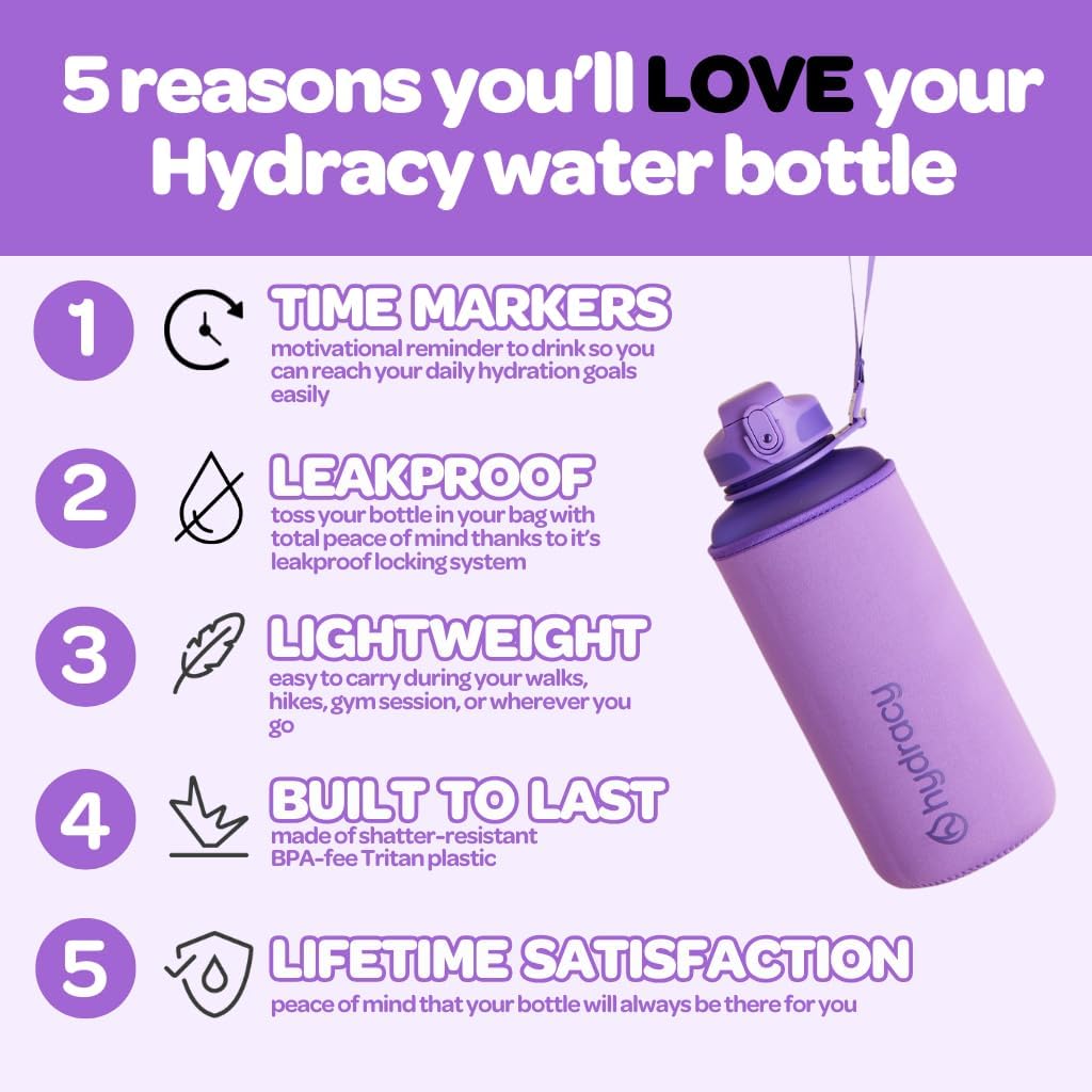 Hydracy Water Bottle with Time Marker -Large BPA Free Water Bottle & No Sweat Sleeve -Leak Proof Gym Bottle with Times to Drink - Ideal for Fitness Sports & Outdoors