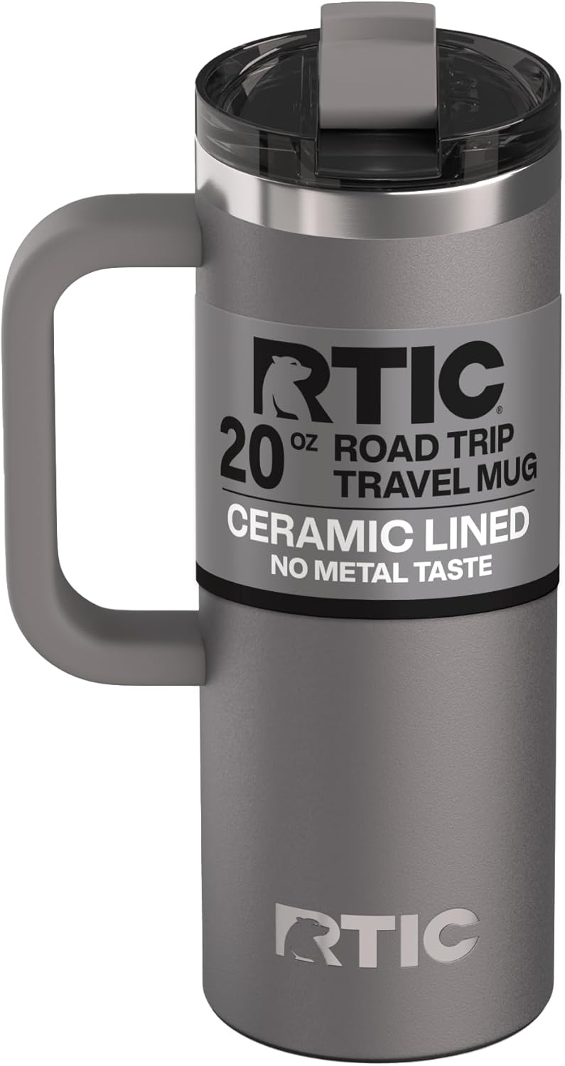 RTIC 20oz Road Trip Travel Mug with Lid and Handle, Ceramic Lined, Insulated, Stainless Steel, Metal, Double Wall Vacuum-Insulation, Portable Coffee, Tea Cup for Hot and Cold Drink, Black