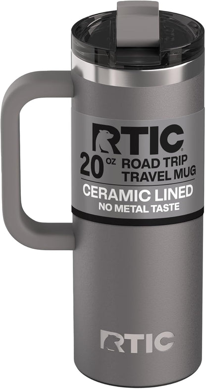 RTIC 20oz Road Trip Travel Mug with Lid and Handle, Ceramic Lined, Insulated, Stainless Steel, Metal, Double Wall Vacuum-Insulation, Portable Coffee, Tea Cup for Hot and Cold Drink, Black