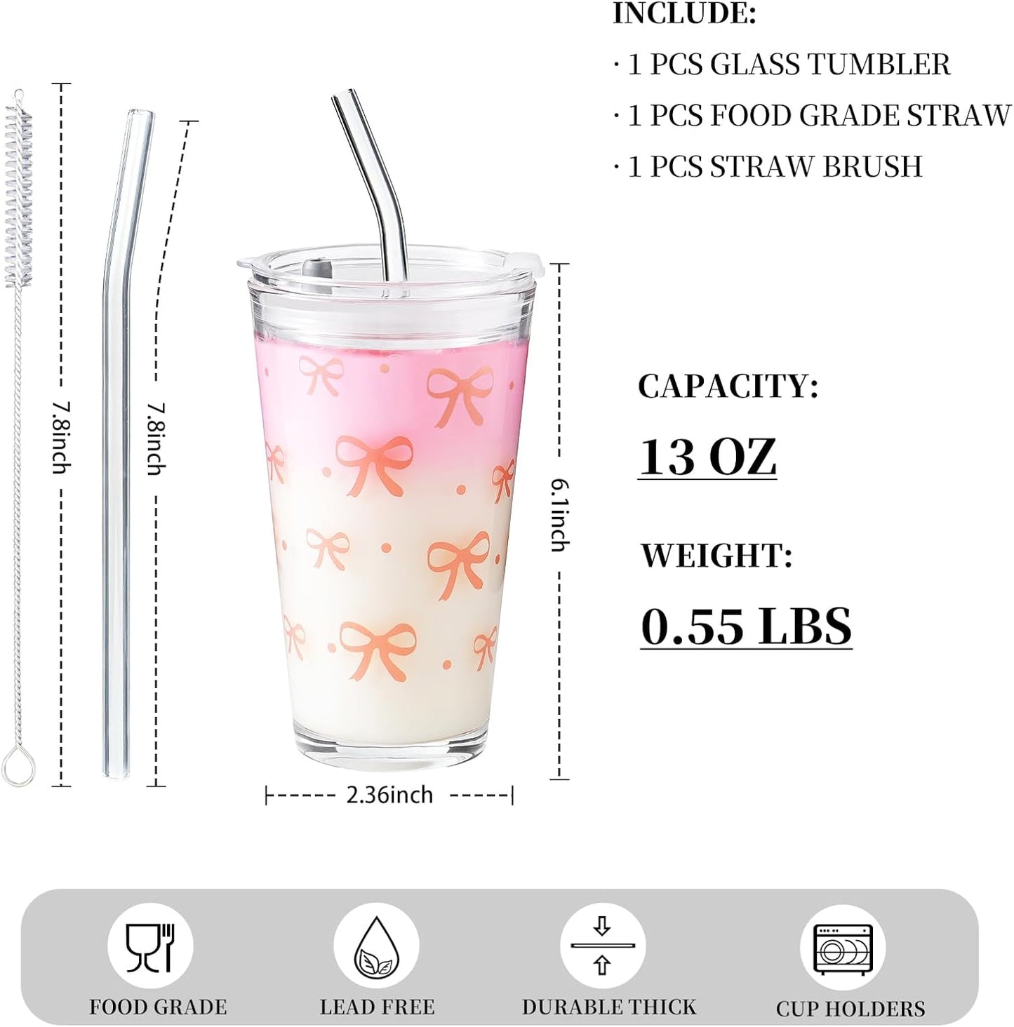 Olvini 15oz Glass Tumbler with Straw and Lid, Cute Iced Coffee Cups, Aesthetic Glass Cups, Coffee Tumbler, Water Cup, Matcha Cup, Drinking Glasses (Clear)