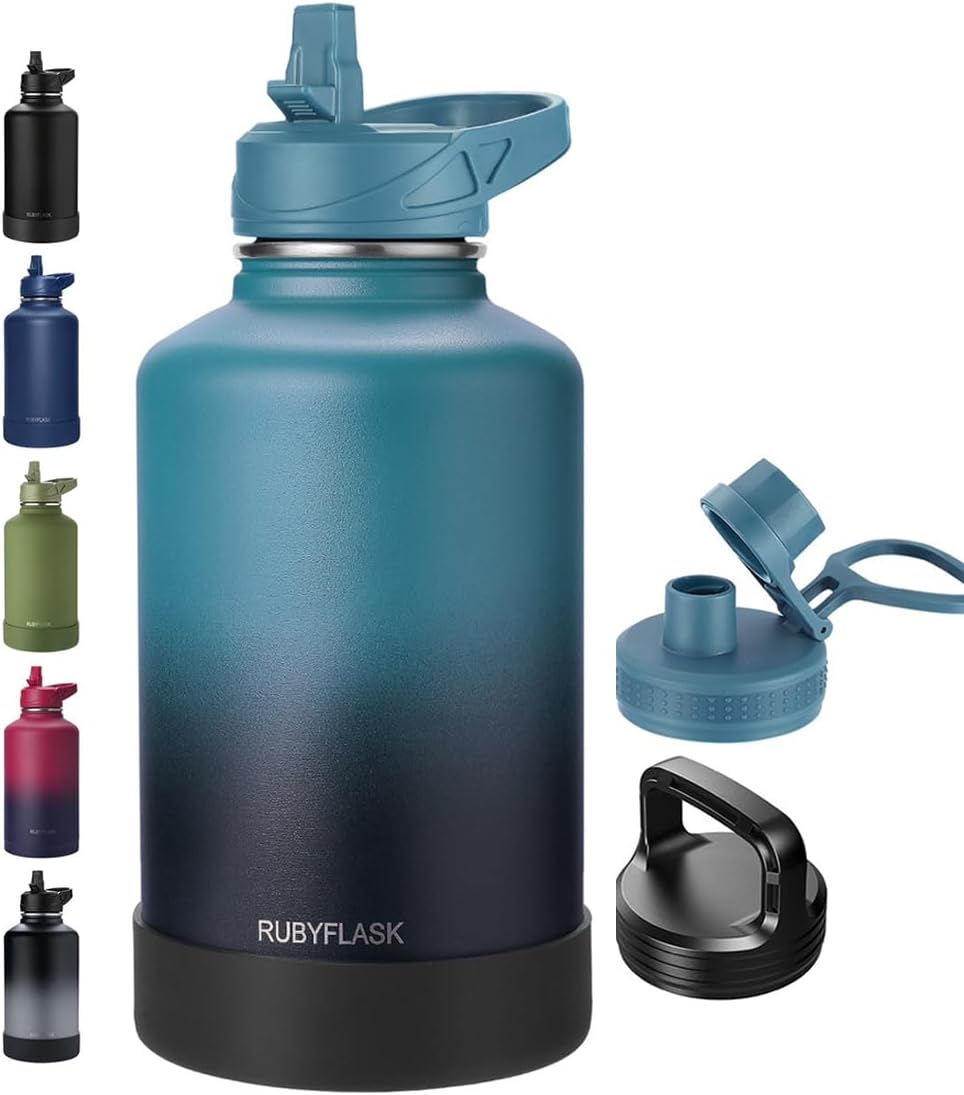 RUBYFLASK 32oz Insulated Water Bottle with Straw, Stainless Steel Metal Vacuum Water Flask, Large Thermal Water bottle with Leakproof 3 Lids for Travel, Camping, Gym Sports Indigo Black