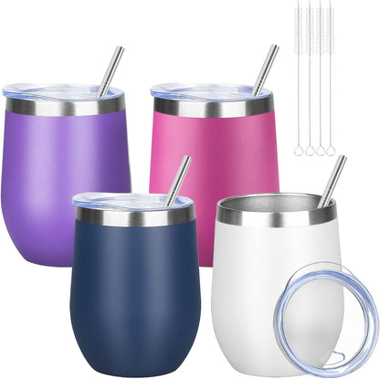 12oz/4 Pack Wine Tumbler Glasses with Lid Stemless Double Wall Vacuum Stainless Steel Travel Tumbler Keeping Cold & Hot for Wine,Coffee,Cocktails,Drinks-Family and Gifts (Multi color-dark)