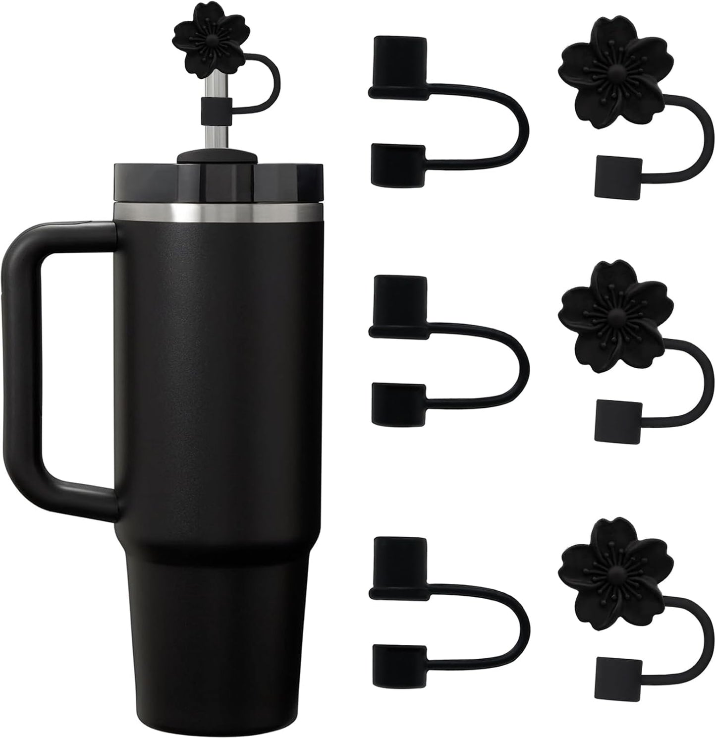 6PCS Silicone Straw Covers Cap Compatible with Stanley Cup 30-40 oz Tumbler with Handle 10mm Straw Toppers，Dust-Proof Reusable Straw Cover for Stanley Cup Accessories (Black)