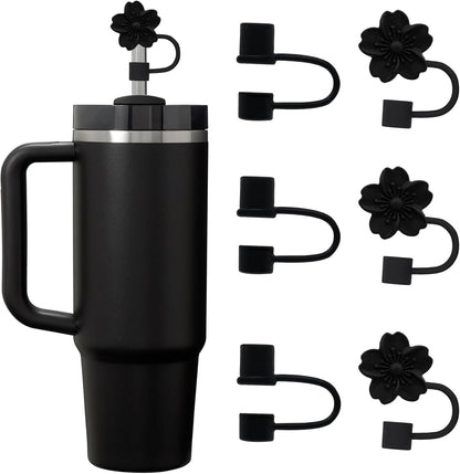 6PCS Silicone Straw Covers Cap Compatible with Stanley Cup 30-40 oz Tumbler with Handle 10mm Straw Toppers，Dust-Proof Reusable Straw Cover for Stanley Cup Accessories (Black)
