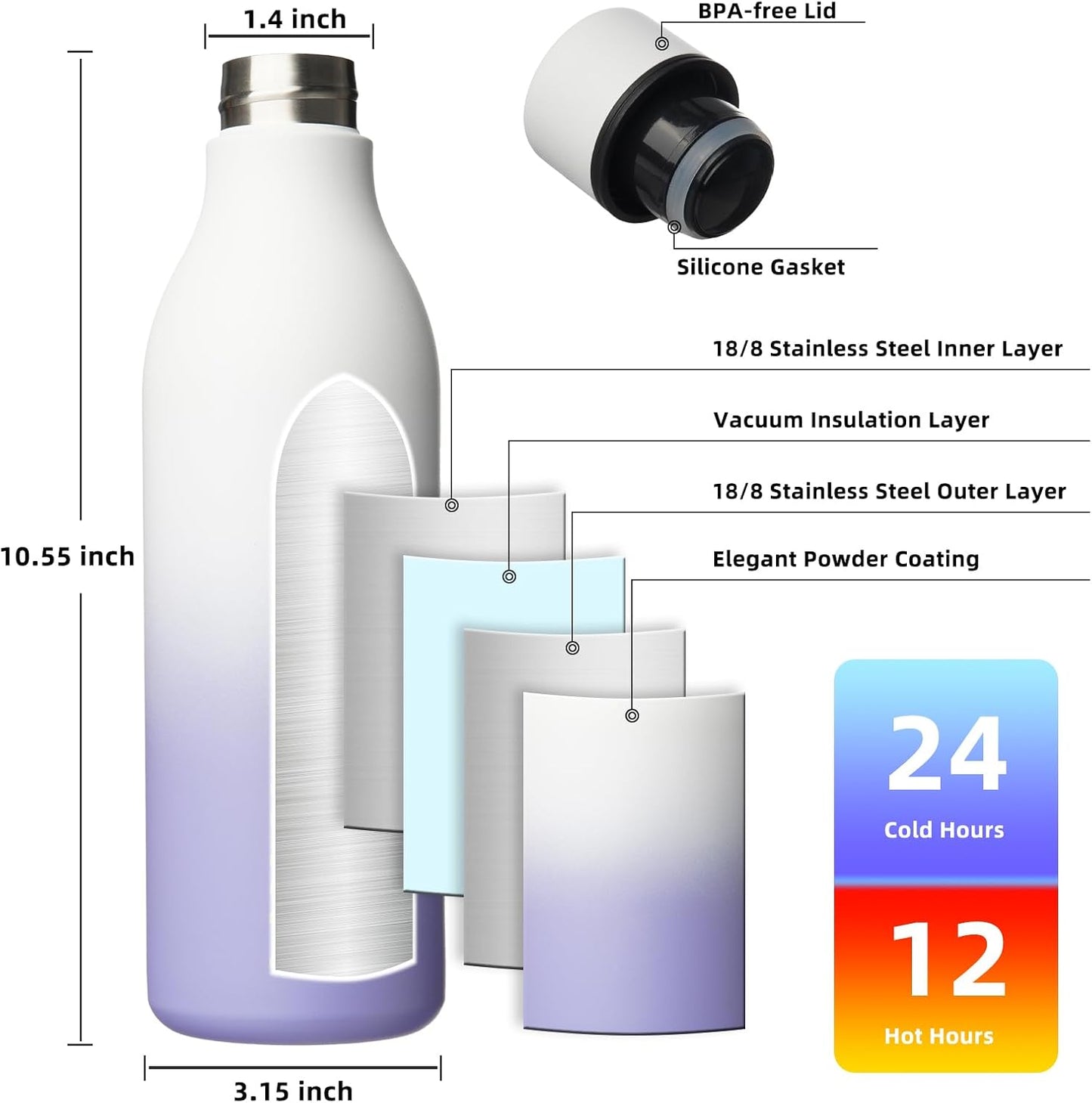 BJPKPK Insulated Water Bottles, 18 oz Stainless Steel Metal Water Bottle with Strap, BPA Free Leak Proof Jugs, Mugs, Flasks, Reusable Thermal Flasks for Sports & Travel, Black - Colors B