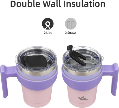 Konokyo 20 oz Tumbler with Handle and 2 Straw 2 Lid, Insulated Water Bottle Stainless Steel Vacuum Cup Reusable Travel Mug,Black