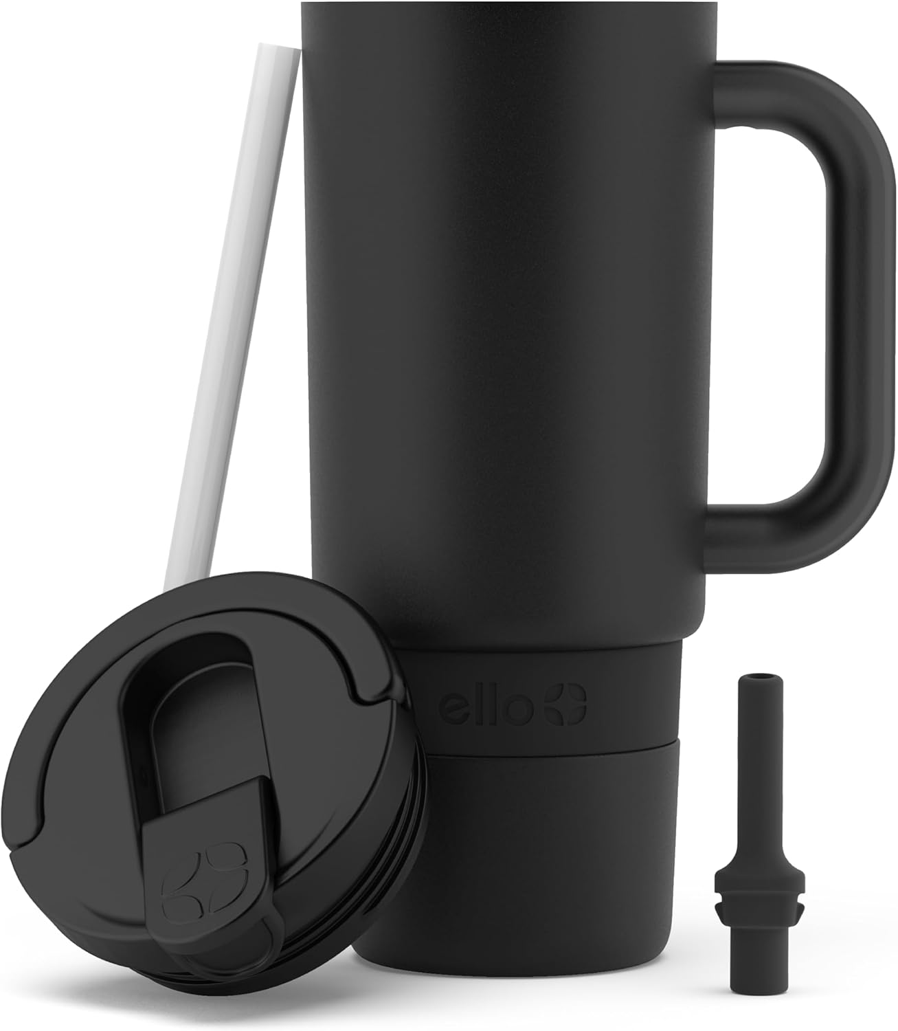 Ello Port 40oz Tumbler with Carry Loop & Integrated Handle, Vacuum Insulated Stainless Steel Reusable Water Bottle, Travel Mug with Leak Proof Lid & Straw, Perfect for Iced Coffee & Tea, White