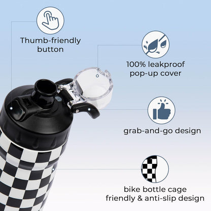 Magnetic Water Bottle with Straw 25 oz - Stainless Steel Insulated Tumbler for Gym & Bike (Fits Holders) - Leak Proof Pop-Up Lid, 2-in-1 Sip or Chug, Handle & Cute Black Checkered Print