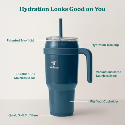 REDUCE 24 oz Stainless Steel Tumbler with Handle - Dual-Wall Vacuum Insulated Travel Mug, Sweat-Proof Lid & Reusable Straw - Keeps Drinks Cold for 24 Hrs, Fits Cupholders, Dishwasher Safe - Lilac Bud