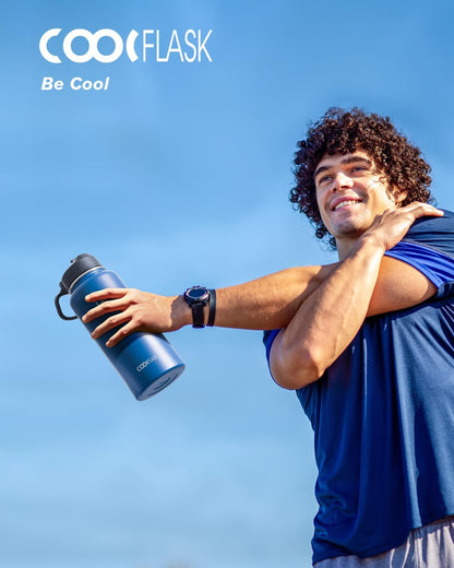 Half Gallon Water Bottle Insulated with Straw & 3 Lids, Coolflask 64 oz Water Jug Large Metal Stainless Steel Wide Mouth for Sports, Gym or Office, Non-BPA Keep Cold 48H Hot 24H, Samurai Cyan